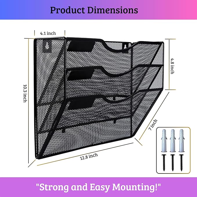 3 Pocket Wall File Holder Organizer, Mesh Hanging Wall Mounted Document Paper Folder Filing Magazine Rack with Nametag Label for Office Home School, 3 Tier Black
