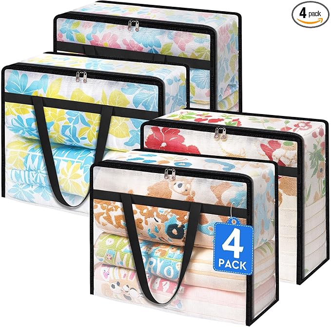 BlissTotes 4 Pack Clear Clothes Storage Bags, Under Bed Storage Containers, Foldable Blanket Storage Moving Bags with Sturdy Zipper and Handle for Clothing, Comforter, Bedding, Sheet (40L)-NeatNest