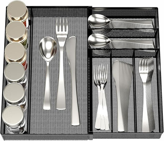 JANE EYRE Utensil Drawer Organizer - Expandable Cutlery Tray, Silverware/Flatware Storage Divider for Kitchen, Mesh Designing with Non-slip Rubber Feet (black)-NeatNest