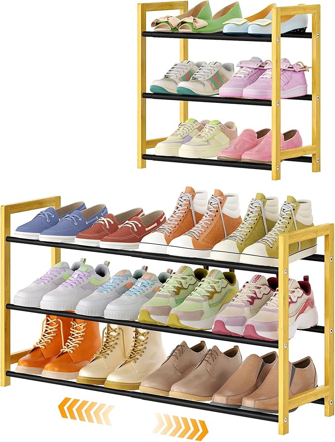 Expandable Shoe Rack for Closet,3 Tier Metal Shoes Shelf Organizer for Dorm,6-12 Pairs Small Standing Shoe Rack for Narrow Spaces,Entryway-NeatNest