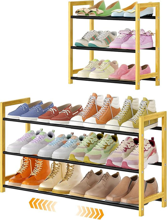 Expandable Shoe Rack for Closet,3 Tier Metal Shoes Shelf Organizer for Dorm,6-12 Pairs Small Standing Shoe Rack for Narrow Spaces,Entryway-NeatNest