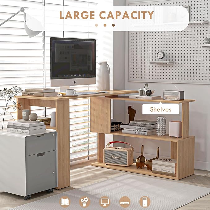 HOMCOM L Shaped Corner Desk, 360 Degree Rotating Home Office Desk with Storage Shelves, Writing Table Workstation, Maple-NeatNest