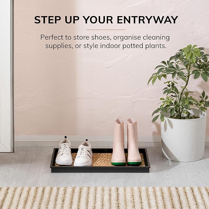Anji Mountain Heavy Duty Waterproof Rubber Shoe Storage Mat Organizer/Boot Storage Tray Multi Use for Entryway with Coir, Tan and Khaki Insert, Fits 2 Pair (24.5" Wide)