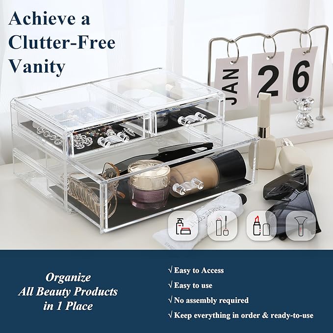 Sea Team Clear Makeup Organizer with Drawers, Acrylic Plastic Cosmetic Display Case, Jewelry Storage Box, Holder for Dresser, Bathroom, Vanity, Countertop (1 Large, 2 Small Drawers)-NeatNest