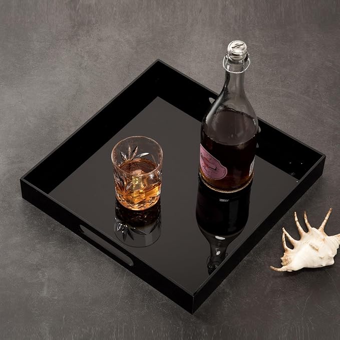 Glossy Black Acrylic Serving Tray - 14x14Inch, Multipurpose, Sturdy, Modern Style, Spill Proof, Countertop Organizer, Vanity Table Tray-NeatNest