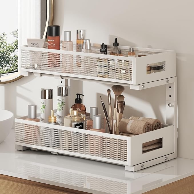 2-Pack Under Sink Organizers And Storage,Large Capacity 2-Tier Pull-Out Cabinet Organizer With Upgraded Tube Rails,Adjustable Height Sliding Drawers,Sturdy Mesh Shelves For Kitchen&Bathroom-White-NeatNest