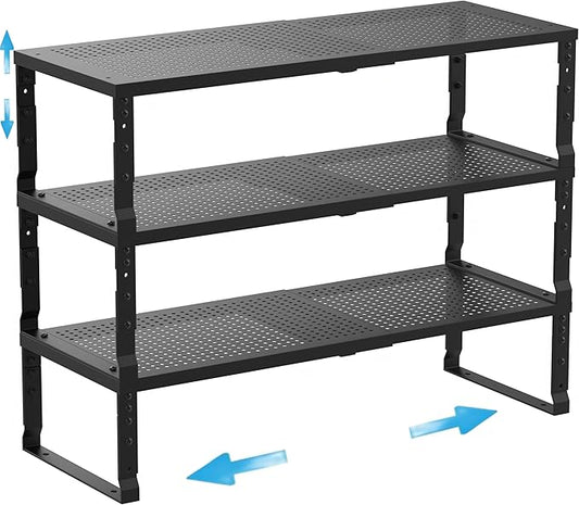 Expandable Spice Rack Kitchen Cabinet Shelf Organizer, Stackable Storage Shelves Racks, Adjustable Counter Shelving for Cabinets, Countertop, Cupboard,Pantry and More(3Packs/Black/Medium)-NeatNest