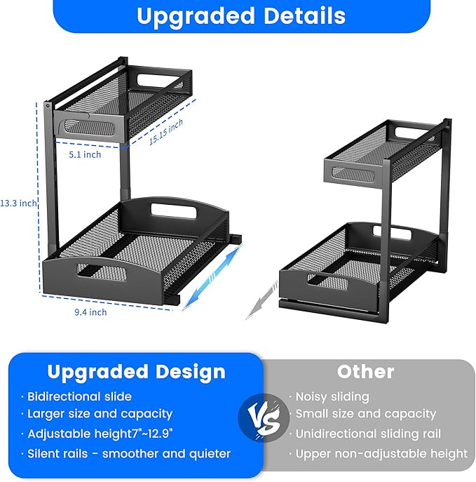 Under Sink Organizer,2 Pack Height Adjustable Under Sink Organizers and Storage, 2 Tier Under Sink Storage for Kitchen Bathroom Cabinet-NeatNest