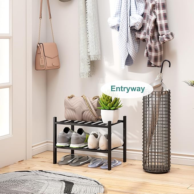 Black Small Shoe Rack for Entryway,2-Tier Bamboo Shoe Organizer for Hallway Closet, Free Standing Shoe Racks for Indoor Outdoor-NeatNest