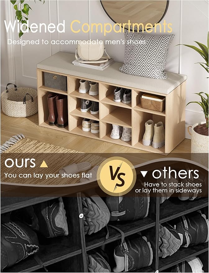 DINZI LVJ Shoe Storage Bench with Cushion, 12-Cubby Shoe Rack, Adjustable Shelves, 40.9" Long Shoe Organizer Bench for Entryway, Mudroom, Hallway, Garage, Natural and Cappuccino Beige-NeatNest