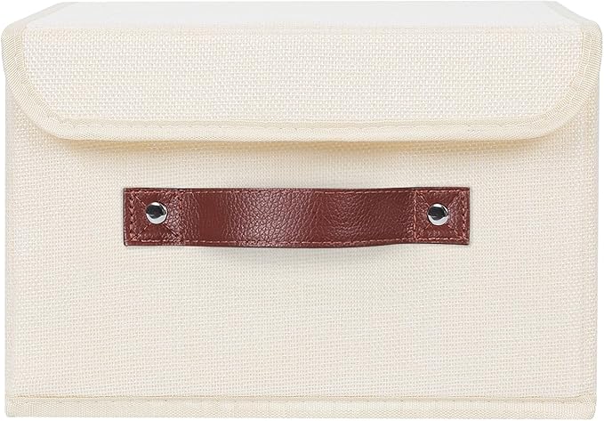 ANMINY 4PCS Storage Bins with Lid PU Leather Handles Storage Boxes PP Plastic Board Decorative Foldable Lidded Cotton Linen Fabric Home Cubes Baskets Closet Organizer Containers - Beige, Small Size-NeatNest