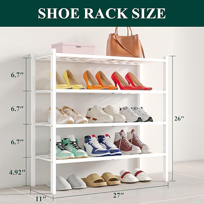 Smiry Shoe Rack, 4 Tier Bamboo Shoe Organizer, Stackable Free Standing Wooden Shoe Storage Shelf for Closet, Entryway, Front Door Entrance, White-NeatNest