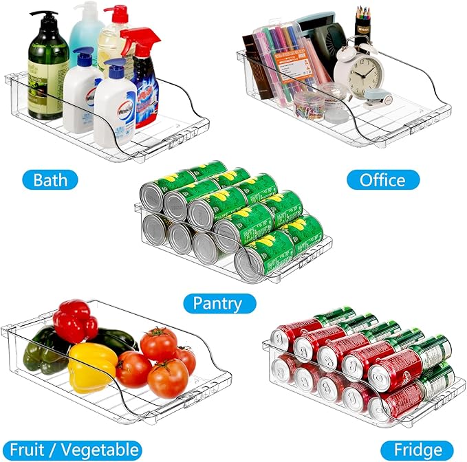 2 Packs Clear Width Adjustable Soda Can Organizer for Refrigerator Expandable Soda Can Dispenser for Beer Soda Seltzer Pop Can Soda Expand Organizer for Fridge Kitchen Pantry