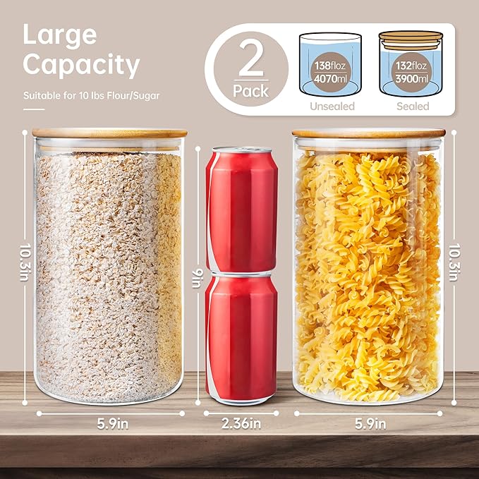Extra Large Glass Flour and Sugar Storage Containers with Airtight Lids,132 floz x2 [Set of 2] Big Glass Jars with Bamboo Lids, Air Tight Food Storage Jars for Cereal, Pasta, Rice, Coffee-NeatNest