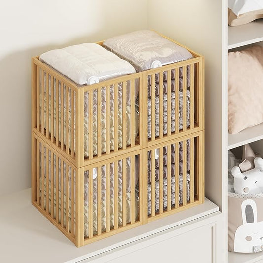 Bamboo Under Bed Storage Containers- Underbed Organizer with Wheels with Large Capacity Dust Bag,Sturdy Wood Rolling Under Bed Shoe Storage Organizer 2 Packs (Nature, 2 Packs Tall (25"×16"x12"))-NeatNest