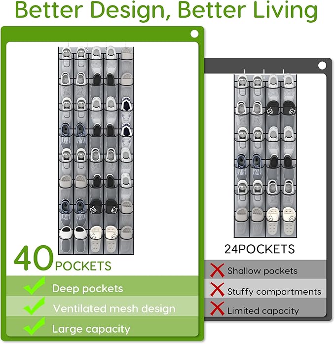 Unjumbly Over the Door Shoe Organizer with 40 Large Breathable Mesh Pockets, Space Saving Shoe Holder, Hanging Shoe Rack for Entryway Bedroom Closet Storage (Grey, 40 Pockets)-NeatNest