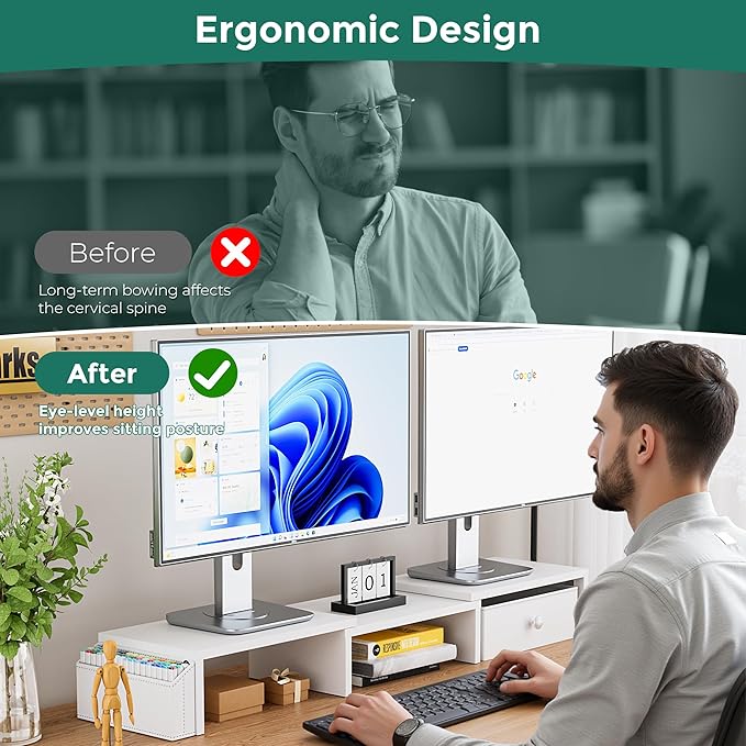 Dual Monitor Stand Riser, Adjustable Length & Swivel Angle Monitor Stand, Ergonomic Monitor Stand with Drawer & Side Pockets, Desktop Organizer and Office Desk Accessories, White