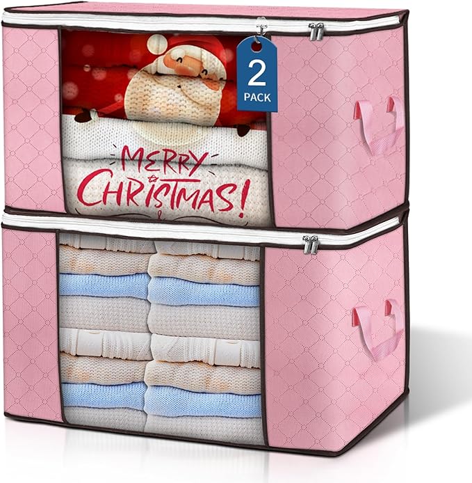 Budding Joy 90 L Large Storage Bags, 2 Pack Clothes Storage Bins Foldable Closet Organizer Storage Containers Storage and Organization for Blanket, Comforters, Bed Sheets, Pillows and Toys (Pink)-NeatNest