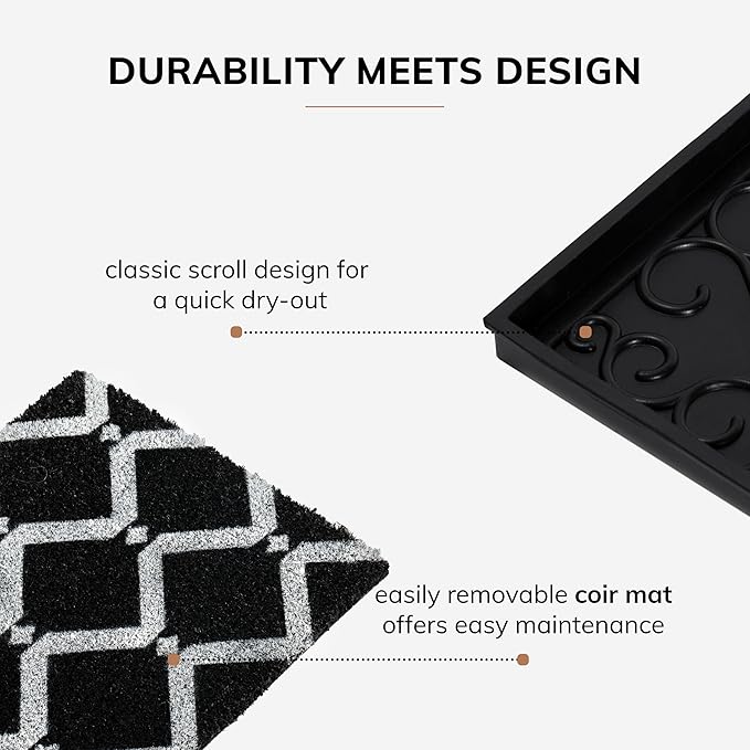 Anji Mountain Heavy Duty Waterproof Rubber Shoe Storage Mat Organizer/Boot Storage Tray Multi Use for Entryway with Coir, Black and Ivory Insert, Fits 3 Pair (34.5" Wide)