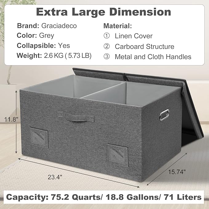 75 Quarts Extra Large Decorative Storage Bins with Lids, 3 Packs Gray Collapsible Storage Bins with Lids, Stackable Storage Bins Decorative Box Storage With Lid Extra Large-NeatNest