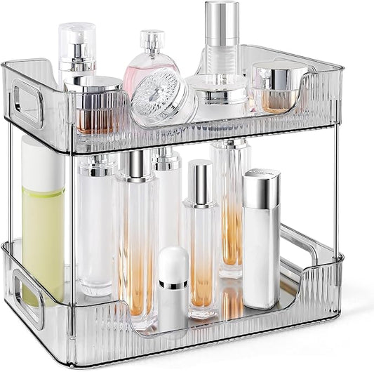 2-Tier Bathroom Counter Organizer Countertop Storage, Dresser Organizer Vanity Tray for Makeup, Perfume Organizer Cosmetics Skincare Shelf - Grey-NeatNest