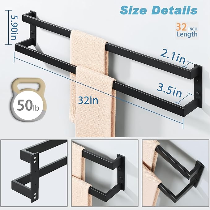 Alise Double Towel Bar 32", SUS304 Stainless Steel Towel Racks for Bathroom Wall Mounted, Space Saving Bathroom Towel Holder, Long Towel Hanger, Matte Black