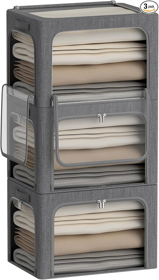 3 Openings Clothes Storage Bins Box - 3Pack Stackable Foldable Storage Bin - Metal Frame Storage Box Clothing Storage Organizer with Clear Window, Carry Handles (66L-19.7x15.7x13in, Drak Grey)-NeatNest