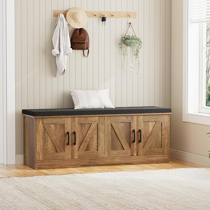 2-Tier Storage Bench, Shoe Bench with Padded Seat Cushion, Entryway Bench with 4 Barn Doors, Adjustable Shelf, 13.8" D x 47.2" W x 17.7" H, for Entryway, Living Room, Bedroom, Rustic Walnut-NeatNest