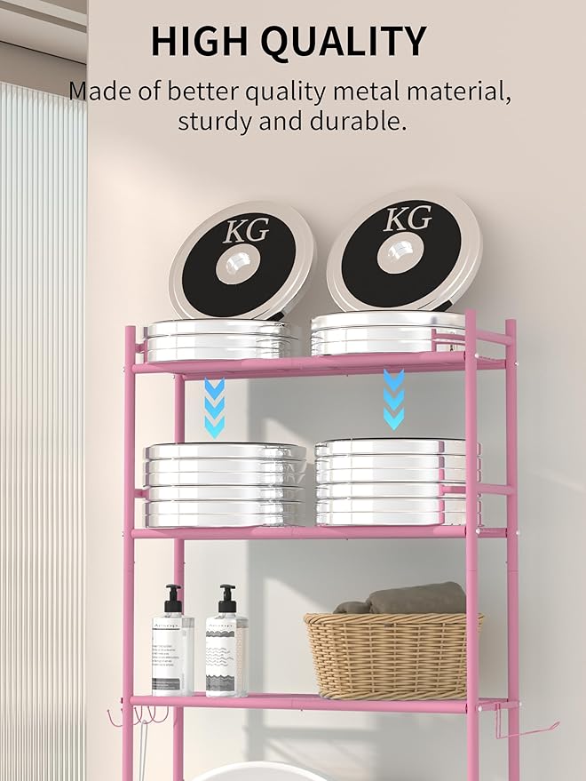 3-Tier Over The Toilet Storage, Space Saver Metal Bathroom Shelves, Freestanding Above Over Toilet Storage Shelf with 4 Hooks for Bathroom, Pink-NeatNest