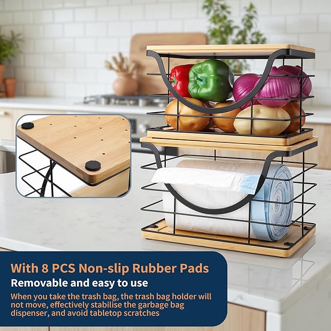 Extra Large Trash Bag Holder Stackable Kitchen Storage, 2 Pack Wall Mounted Pantry Organizers and Storage with Bamboo Top, Garbage Bag Dispenser Under Sink for Laundry Room and Kitchen-NeatNest