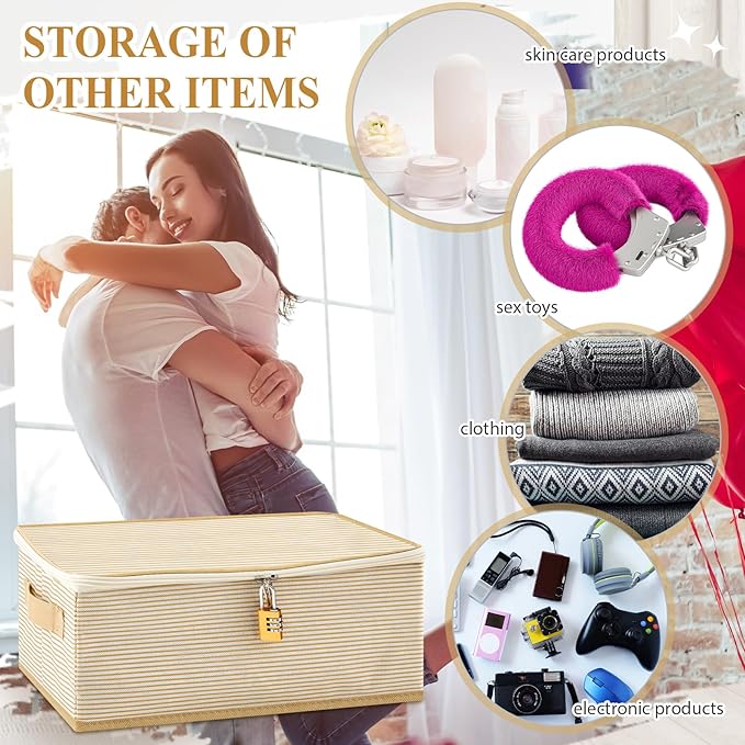 Discreet Lockable Adult Toy Storage Organizer Adult Toy Bag Storage Bins Case with Zipper Lid 15 x 10 x 5.9 Inches for Women and Men Clothes Container(Gold Stripes)-NeatNest