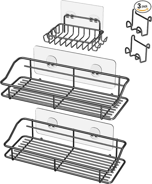 Nieifi Shower Caddy Shelf with Hooks Storage Rack Organizer Adhesive Stainless Steel without Drilling for Bathroom, Lavatory, Washroom, Restroom, Shower, Toilet, Kitchen (Black, 3 Pack)-NeatNest