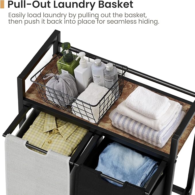 Laundry Hamper, Laundry Basket, Laundry Sorter with 2 Removable Bags, Clothes Basket with 2 Compartments, Wheels, Shelf for Laundry Room Bathroom Bedroom (2 Bags-Black Grey)-NeatNest