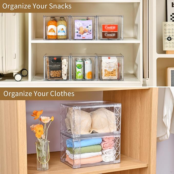 6Pack Stackable Kitchen Storage Organizer, Pantry Organizers and Storage, Clear Foods Organizer Bins with Handles, Easily Assemble for Bathroom, Kitchen, Pantry, Cabinet, Closet-NeatNest