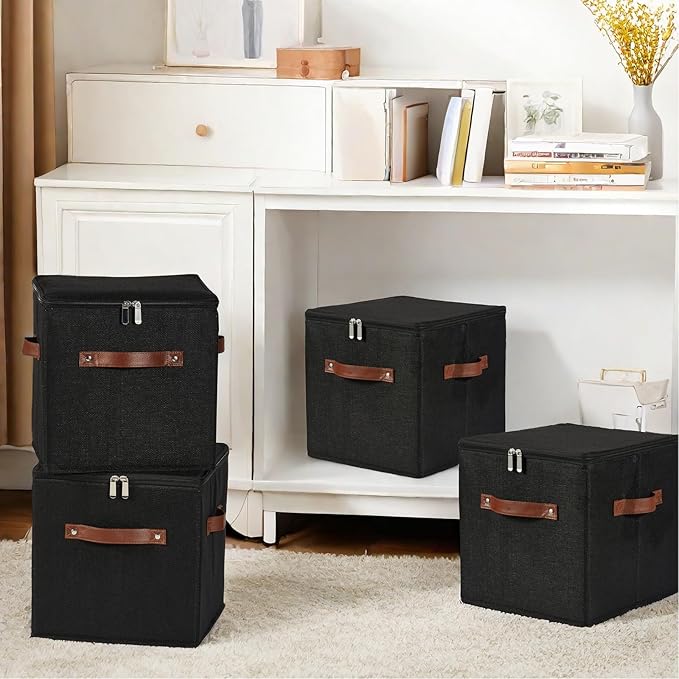 2PCS Storage Cubes with Lid Fabric Storage Bins Boxes PU Leather Handles Cotton Linen Closet Organizer Container Decorative Foldable Washable Shelf Cloth Basket (Zipper Lid, Black, 11in)-NeatNest