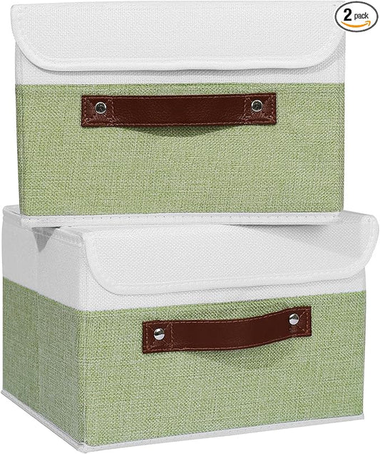 ANMINY 2PCS Storage Boxes with Lid Washable Decorative Storage Bins Basket with PU Leather Handle Foldable Linen Fabric Storage Cubes Containers for Home Closet Organizer - Green White, Small Size-NeatNest