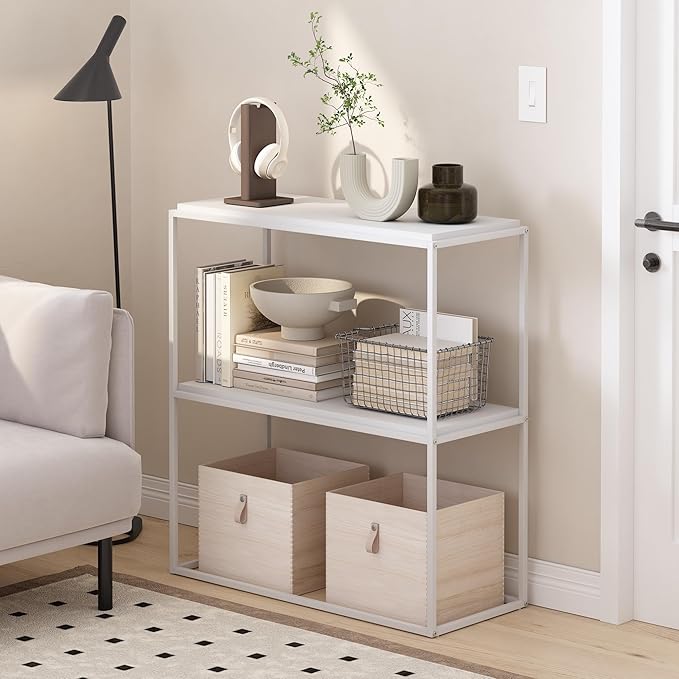 Furinno Moretti Modern Lifestyle Wide Stackable Shelf, 2-Tier, Solid White/White-NeatNest