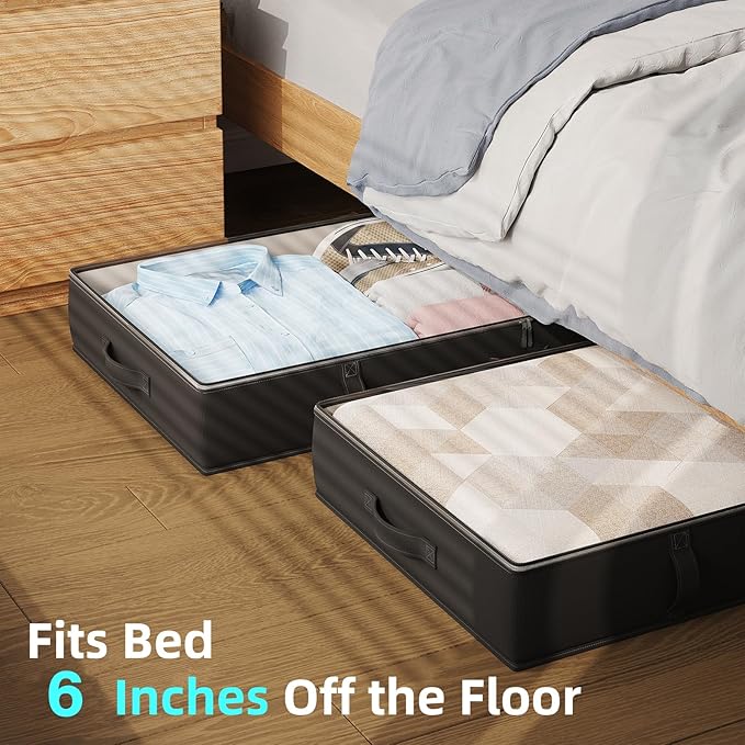2-Pack Under Bed Storage, 6 Inches Tall Closet Organizers and Storage Bins with Sturdy Sidewalls/Bottom/4 Handles, Black-NeatNest