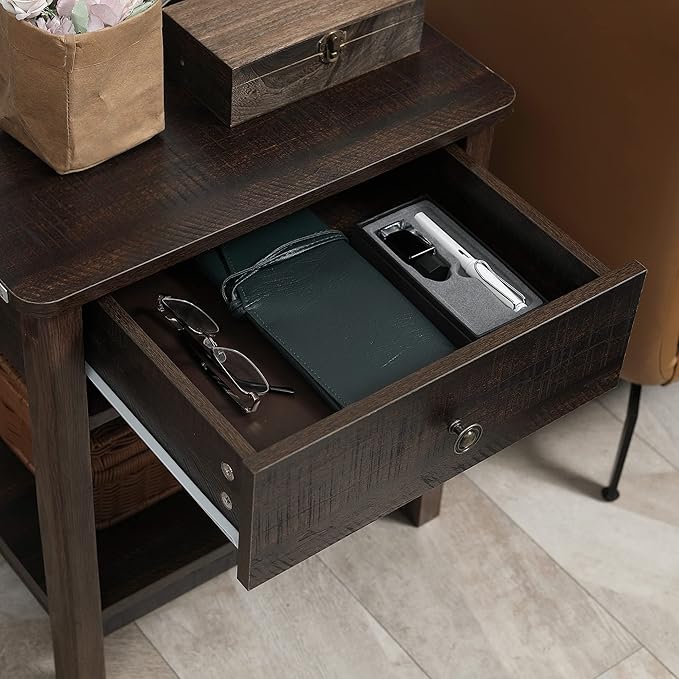 HOMCOM End Table with Drawer, Side Table with Top and Bottom Shelf for Small Spaces, Dark Brown