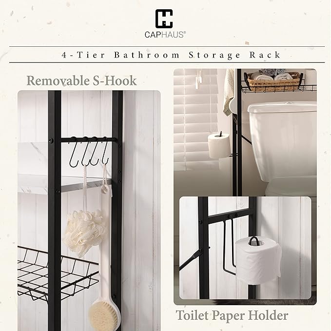 CAPHAUS Over The Toilet Storage, 4-Tier Bathroom Organizer, Freestanding Toilet Shelf, Multifunctional Space Saver Toilet Rack with 4 Hooks, Laundry Organizer, Plant Stand for Balcony (Marble White)-NeatNest