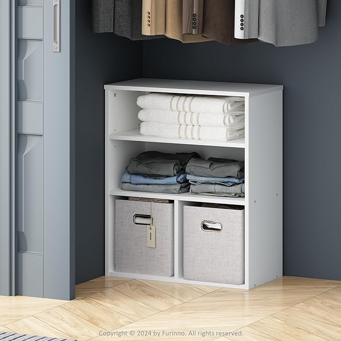 Furinno Reed 3 Tier Multipurpose Open Shelf Clothing & Closet Storage Organization, White-NeatNest