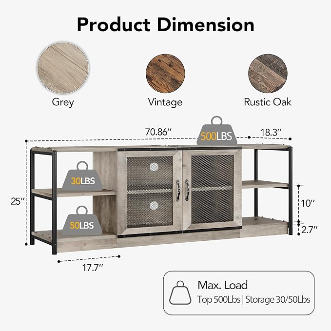 CABIHOME Farmhouse TV Stand for 75/80 inches TVs, Entertainment Center with Storage Cabinet and Mesh Doors, Industrial Media Console Cabinet Table, Living Room Media Furniture, Light Grey-NeatNest