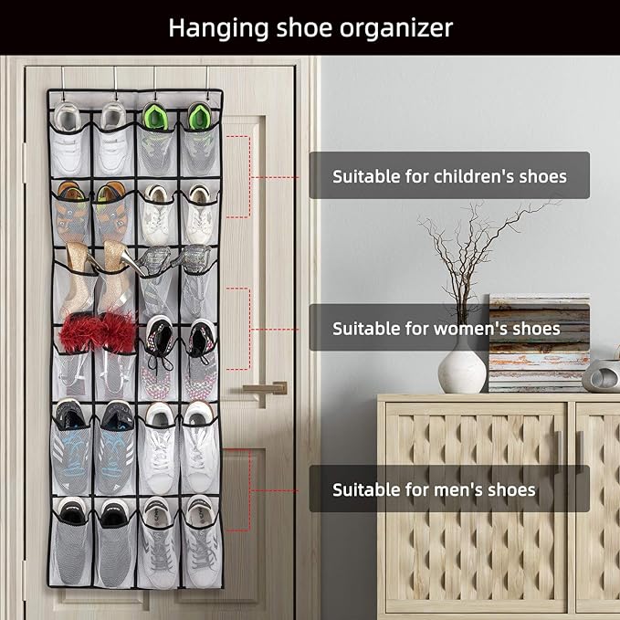 Over The Door Shoe Organizer, Hanging Shoe Organizer with 24 Mesh Large Pockets Door Shoe Rack Organizer for Men Women Kids Hanging Shoe Storage Bag.(White-NeatNest