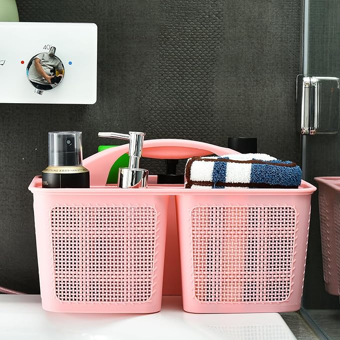 Plastic Pink Shower Caddy Basket, Divided Cleaning Portable Shower Basket with Handle Compartments Storage Organizer for Bathroom, College, Kitchen, Dorm Room Essentials