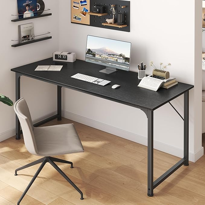 Huuger Computer Desk, 55 Inch Home Office Desk, Gaming Writing Work from Home Study Desk, Large Legroom, Sturdy Metal Frame, Modern Simple, Black-NeatNest