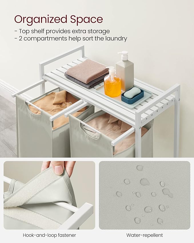 VASAGLE Laundry Hamper, Laundry Basket, Laundry Sorter with 2 Pull-Out and Removable Bags, Shelf, Metal Frame, 2 x 12.1 Gallons (46 L), 28.8 x 13 x 28.4 Inches, Cream White and Cloud White UBLH201W01-NeatNest