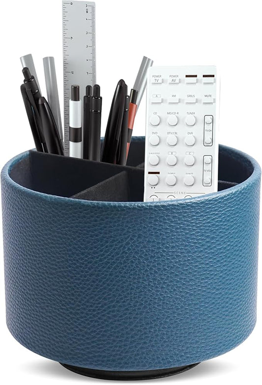 Hennaja Round Leather Art Supply Organizer,Remote Control Holder,360 Degree Spinning,Multi-Functional Pencil Holder,4 Compartments Desktop Stationary Organizer(1-Lichee Green)-NeatNest