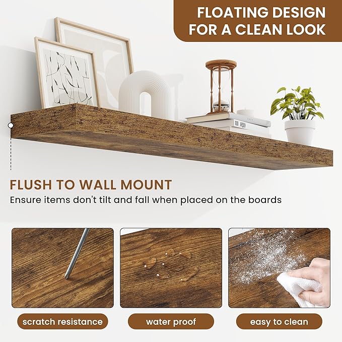 fuqing Floating Shelves for Wall, Bathroom Shelf Wall Mounted for Storage, Shelves with Invisible Bracket for Bedroom, Kitchen, Living Room, Farmhouse Small Book Shelf, 40 Inch Set of 2, Rustic Brown-NeatNest