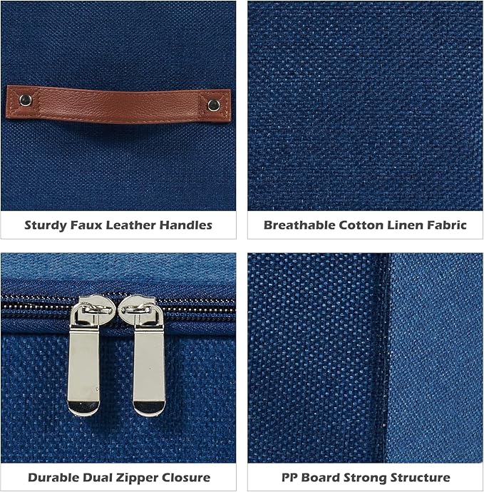 2PCS Storage Cubes with Lid Fabric Storage Bin Box PU Leather Handles Cotton Linen Closet Organizer Container Decorative Foldable Washable Shelf Cloth Basket (Zipper Lid, Deep Blue, 11in)-NeatNest