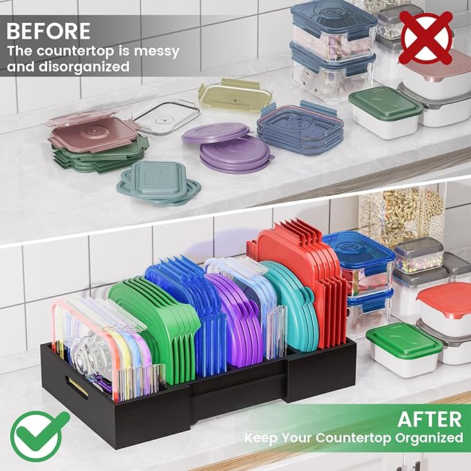 Expandable Bamboo Lid Organizers Inside Cabinet, Kitchen Cabinet Organizers with 3 Adjustable Dividers, Storage Plastic Lids, Food Container Lid Holder Organizer for Drawer Pantry, Black